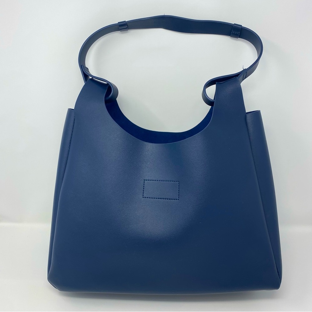 NEIMAN MARCUS Navy Blue Faux Leather Medium Single Handle Beach Tote Bag: Flaw